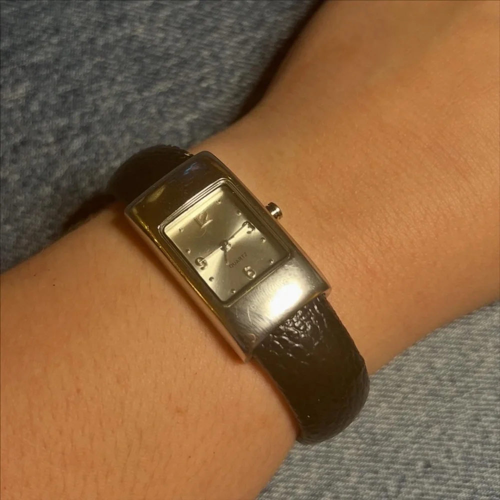 Vintage Geneva Silver and Black Rectangular Cuff Watch
